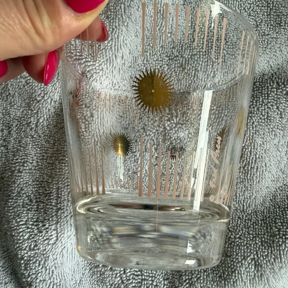 Fred Press Atomic Sunburst 1950s MCM Whiskey Cocktail Glasses Pink